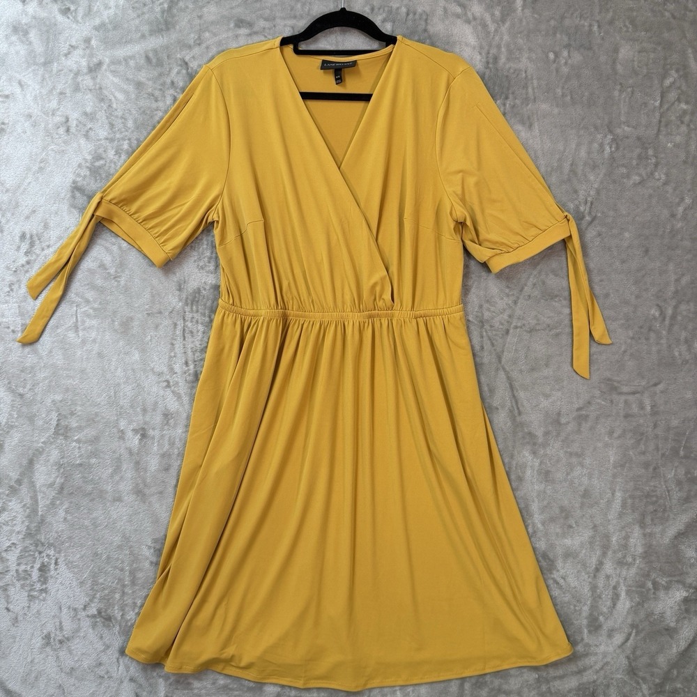 Lane Bryant Mustard Yellow Dress 14/16 Wrap Style Tie Sleeve A Line